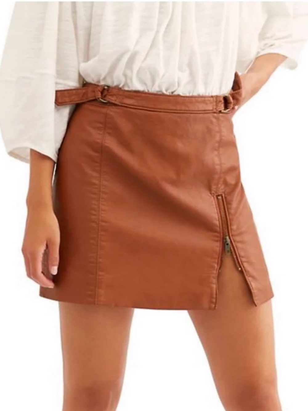 Two Free People Vegan Leather Mini Skirts — Black & Cognac - Picture 5 of 7